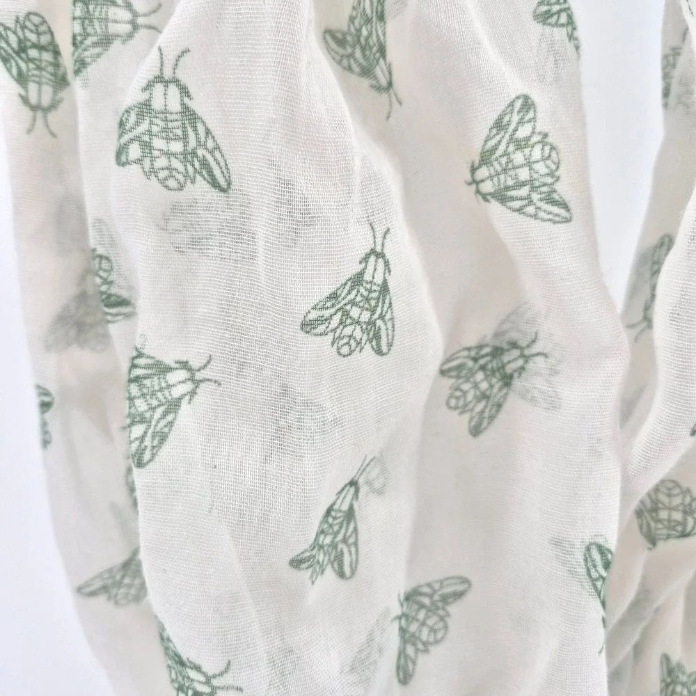White Infinity Scarf Green Cicada Moth Insect Print Lightweight Gauze Loop Scarf